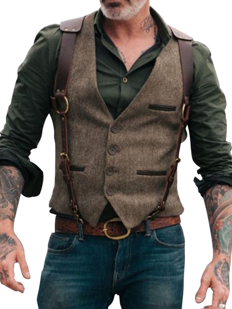 menaful Brown / S Retro Fashion Open Pocket Vest