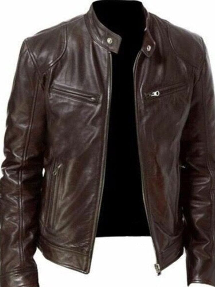 menaful Brown / S Stand Collar Slim Fit Pu Leather Jacket