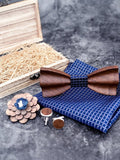 menaful Business Wood Bow Tie Cufflinks Square Scarf Corsage Set