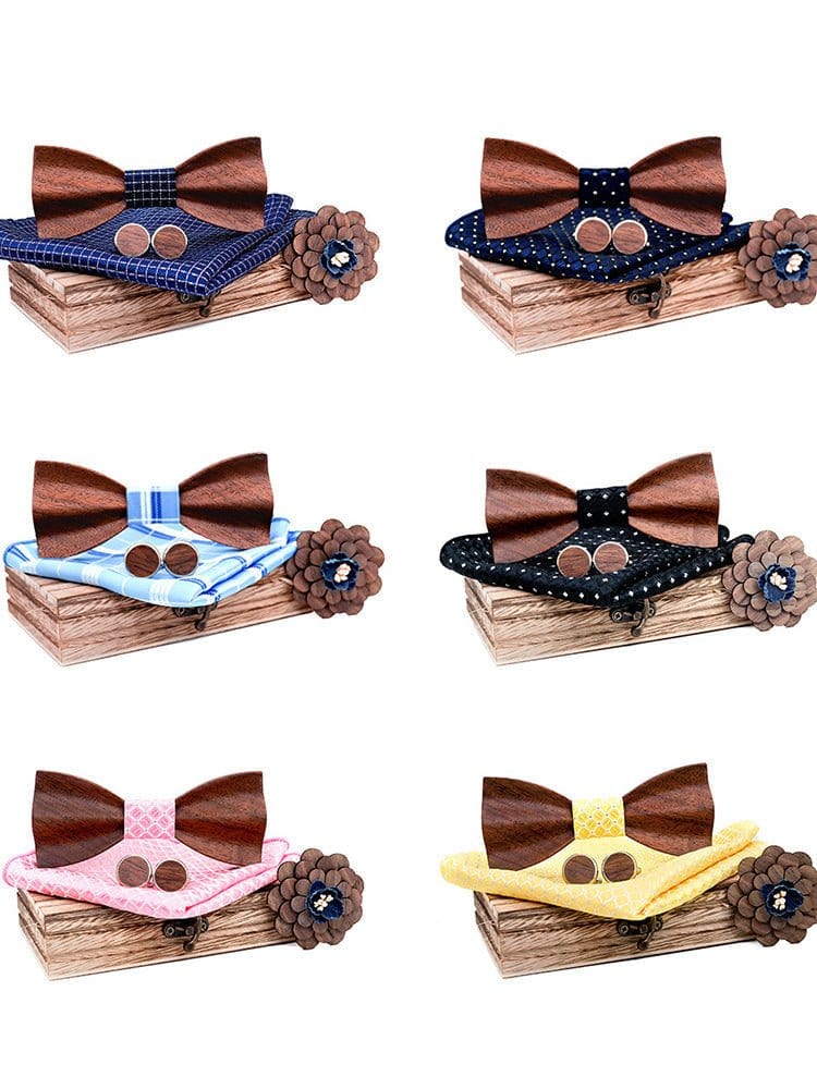 menaful Business Wood Bow Tie Cufflinks Square Scarf Corsage Set