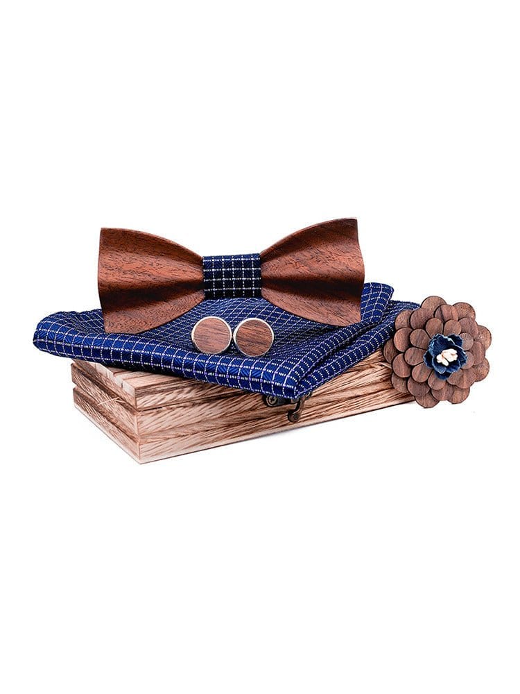 menaful Business Wood Bow Tie Cufflinks Square Scarf Corsage Set