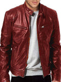 menaful Claret / S Stand Collar Slim Fit Pu Leather Jacket