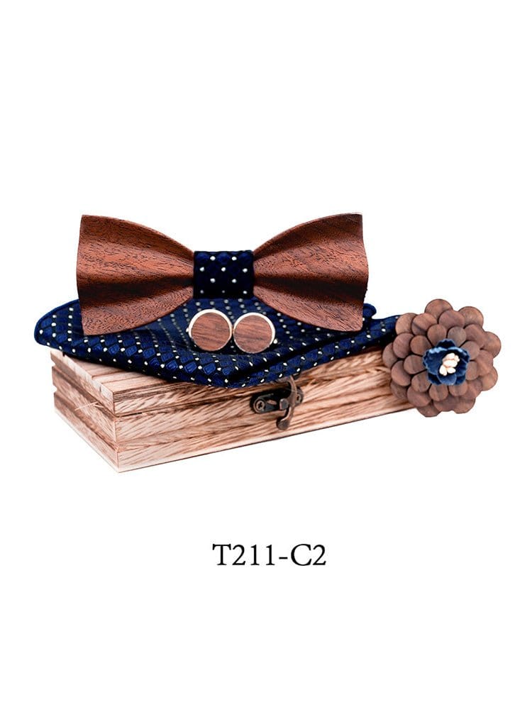 menaful Dark Blue Business Wood Bow Tie Cufflinks Square Scarf Corsage Set