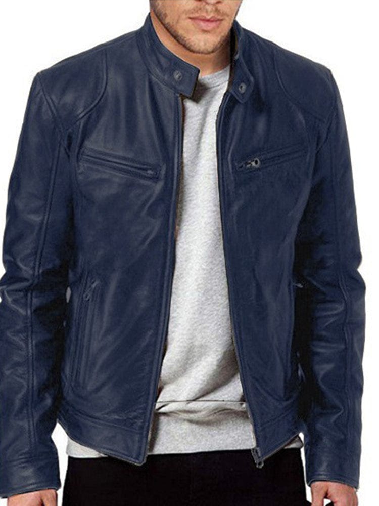 menaful Dark Blue / S Stand Collar Slim Fit Pu Leather Jacket