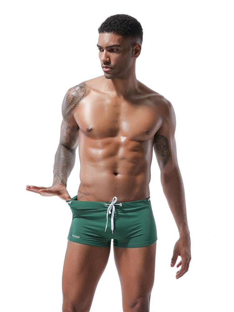 menaful Dark Green / S Men's Summer Tethered Nylon Low Waist Flat Corner Swim Trunks