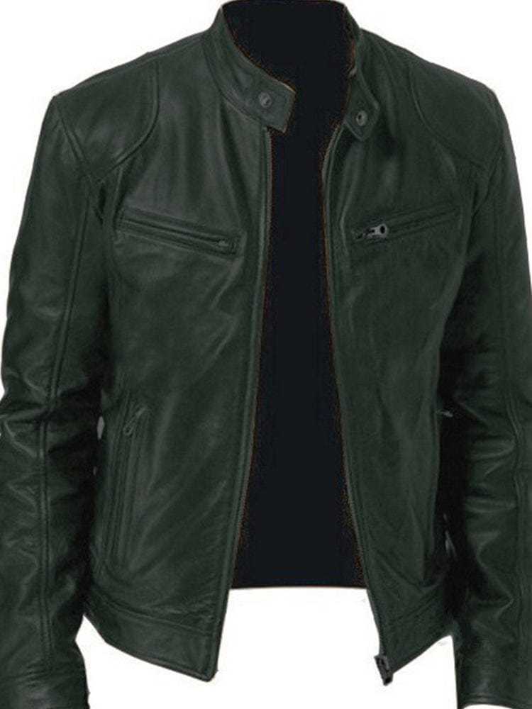 menaful Dark Green / S Stand Collar Slim Fit Pu Leather Jacket