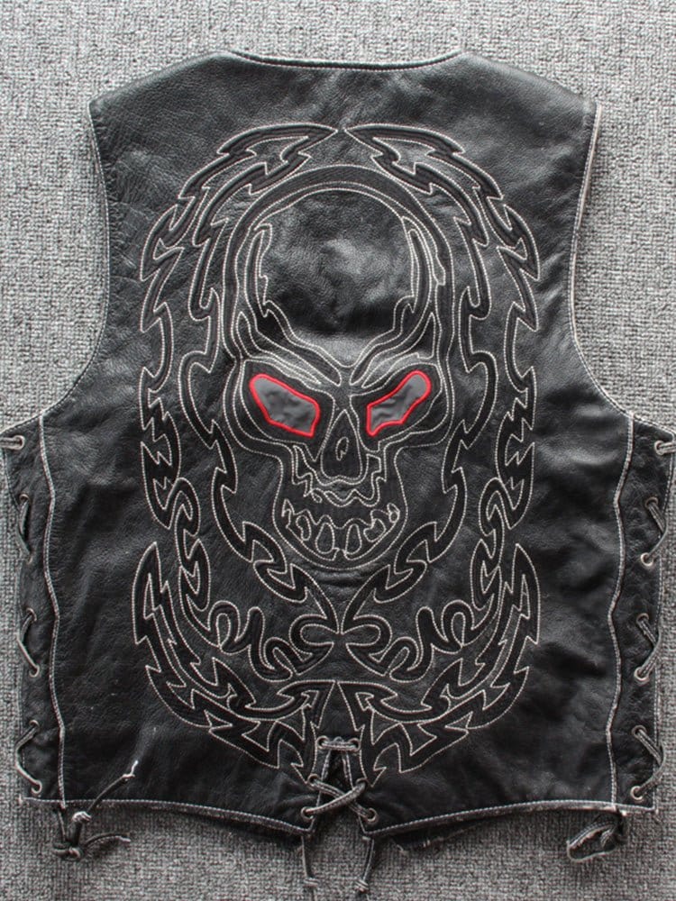 menaful Embroidered Skull Vest In Top-Grain Leather