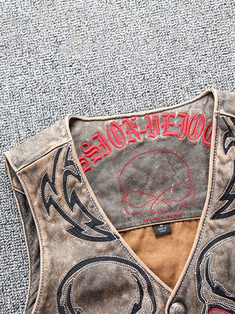 menaful Embroidered Skull Vest In Top-Grain Leather