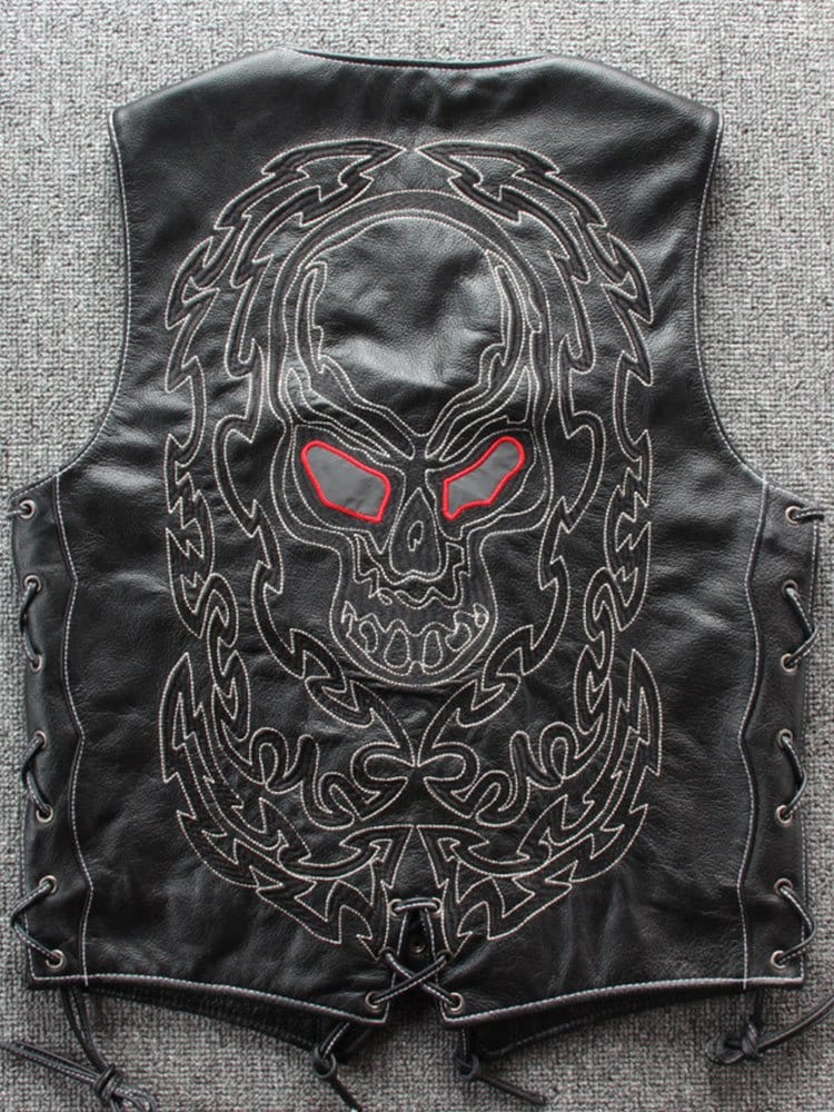 menaful Embroidered Skull Vest In Top-Grain Leather