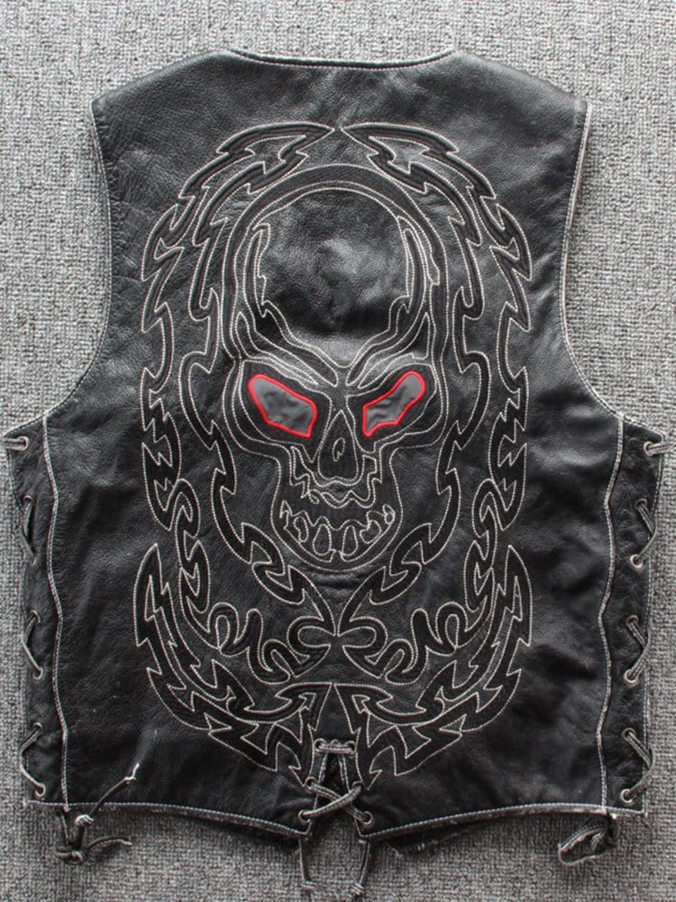 menaful Embroidered Skull Vest In Top-Grain Leather