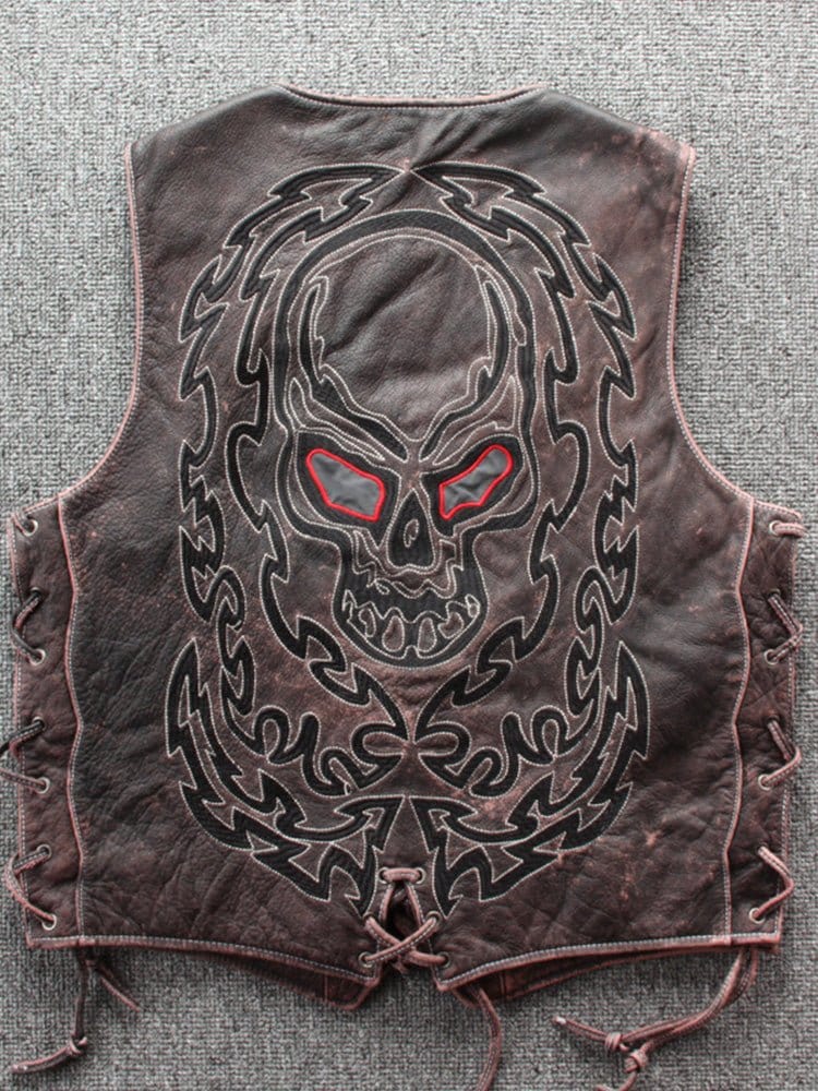 menaful Embroidered Skull Vest In Top-Grain Leather