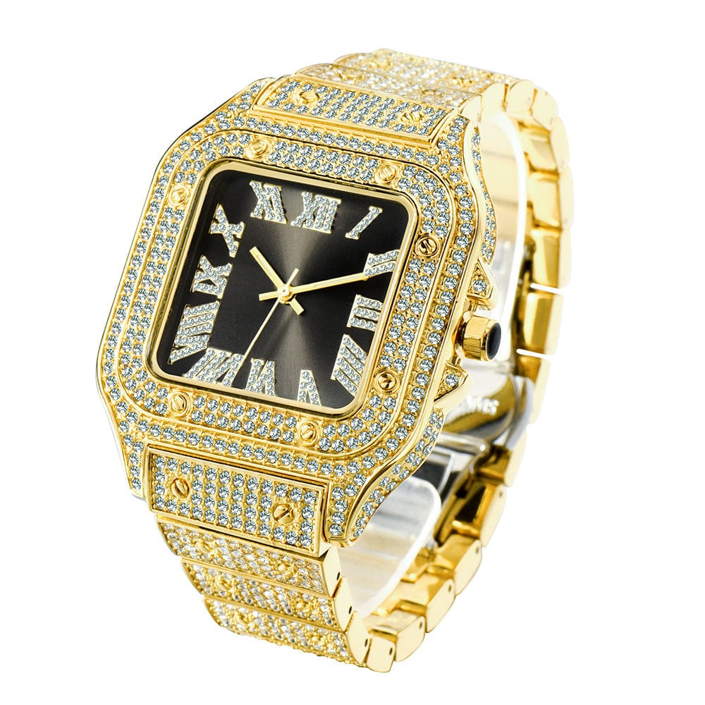 Menaful™ gold+black Men's Roman Scale Fashion Inlaid Diamond Square Quartz Watch (Japanese Movement)