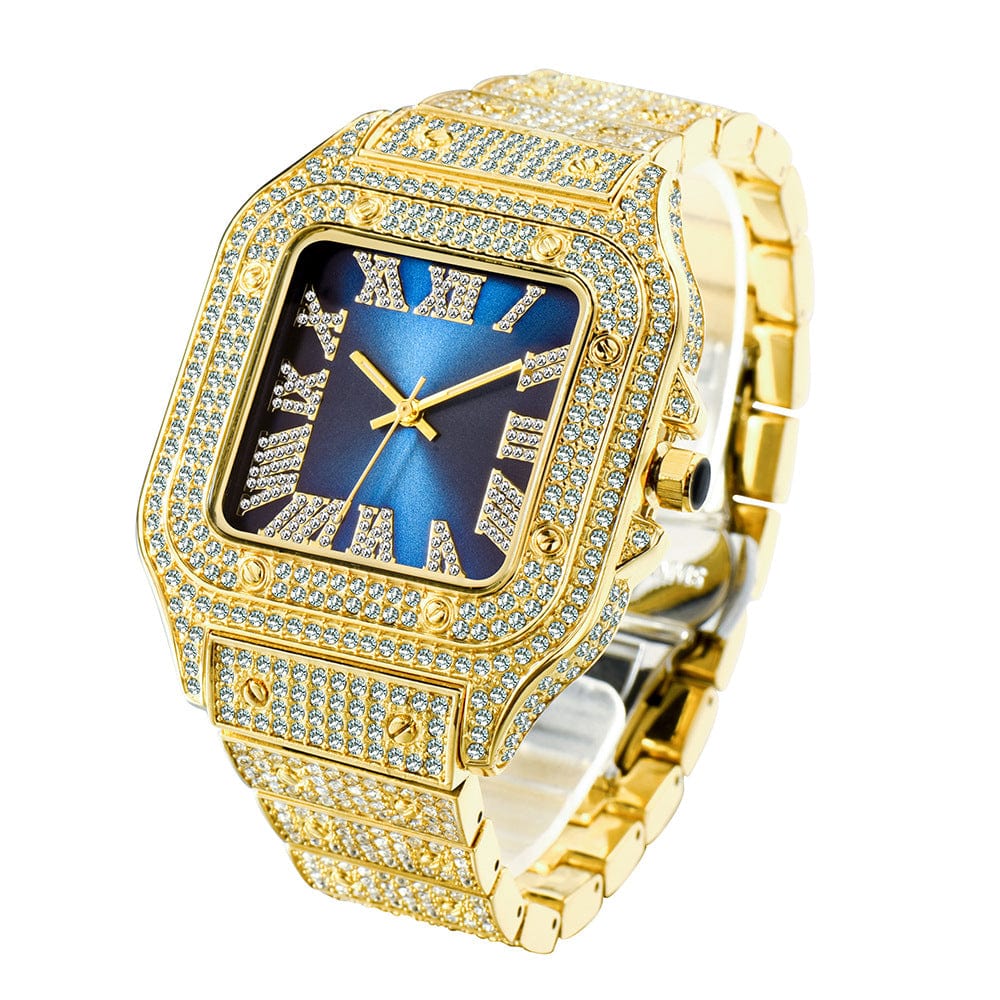 Menaful™ gold+blue Men's Roman Scale Fashion Inlaid Diamond Square Quartz Watch (Japanese Movement)