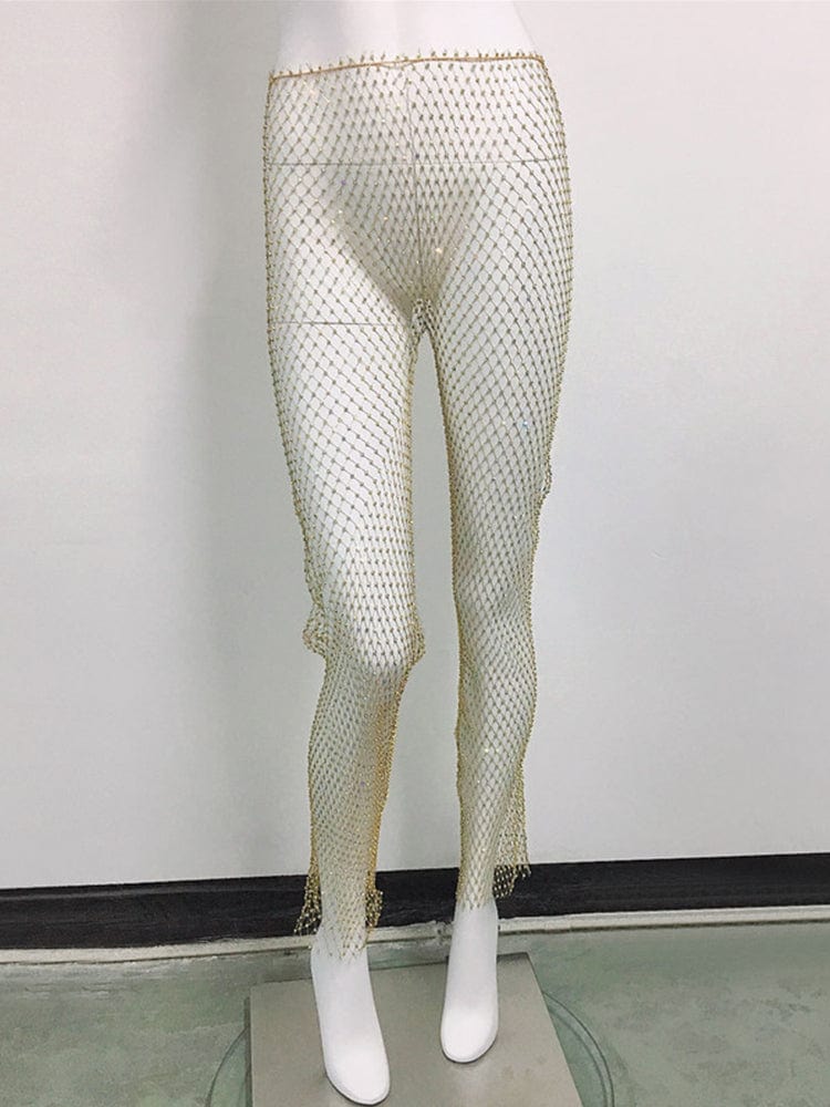 menaful Gold / One Size Sexy See-through Tight Rhinestone Fishnet Stocking