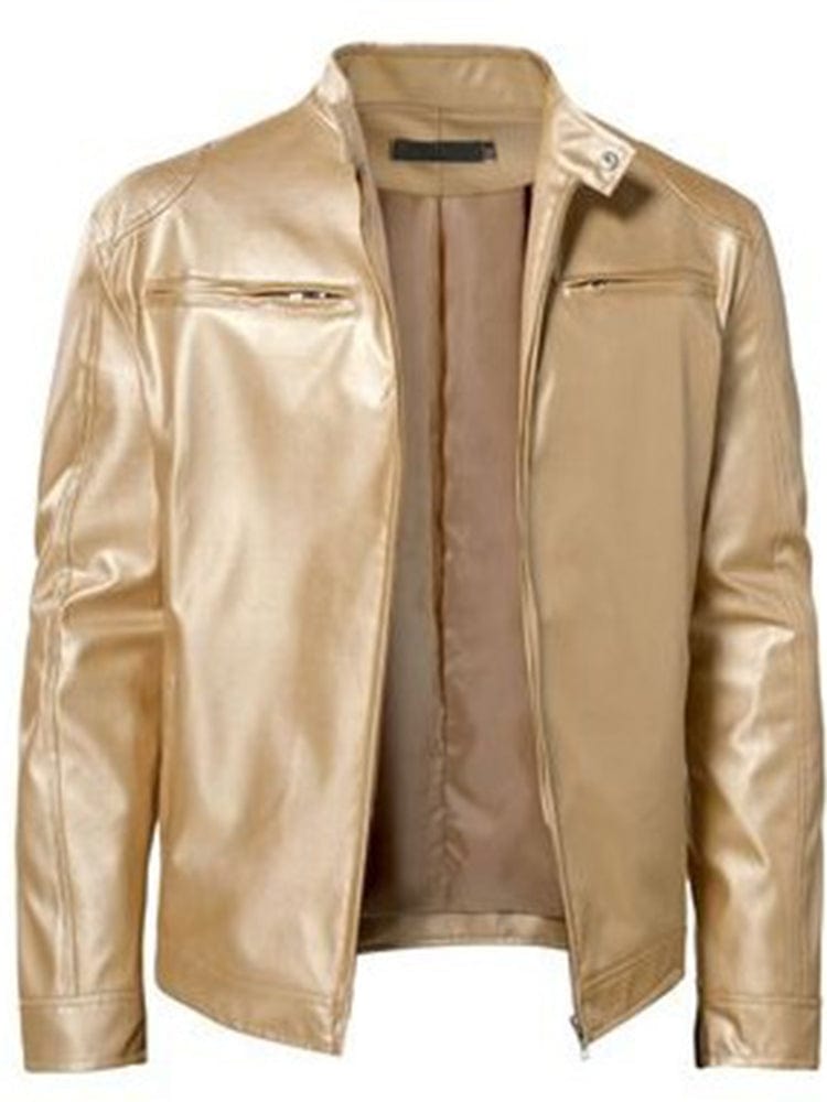 menaful Gold / S Stand Collar Slim Fit Pu Leather Jacket