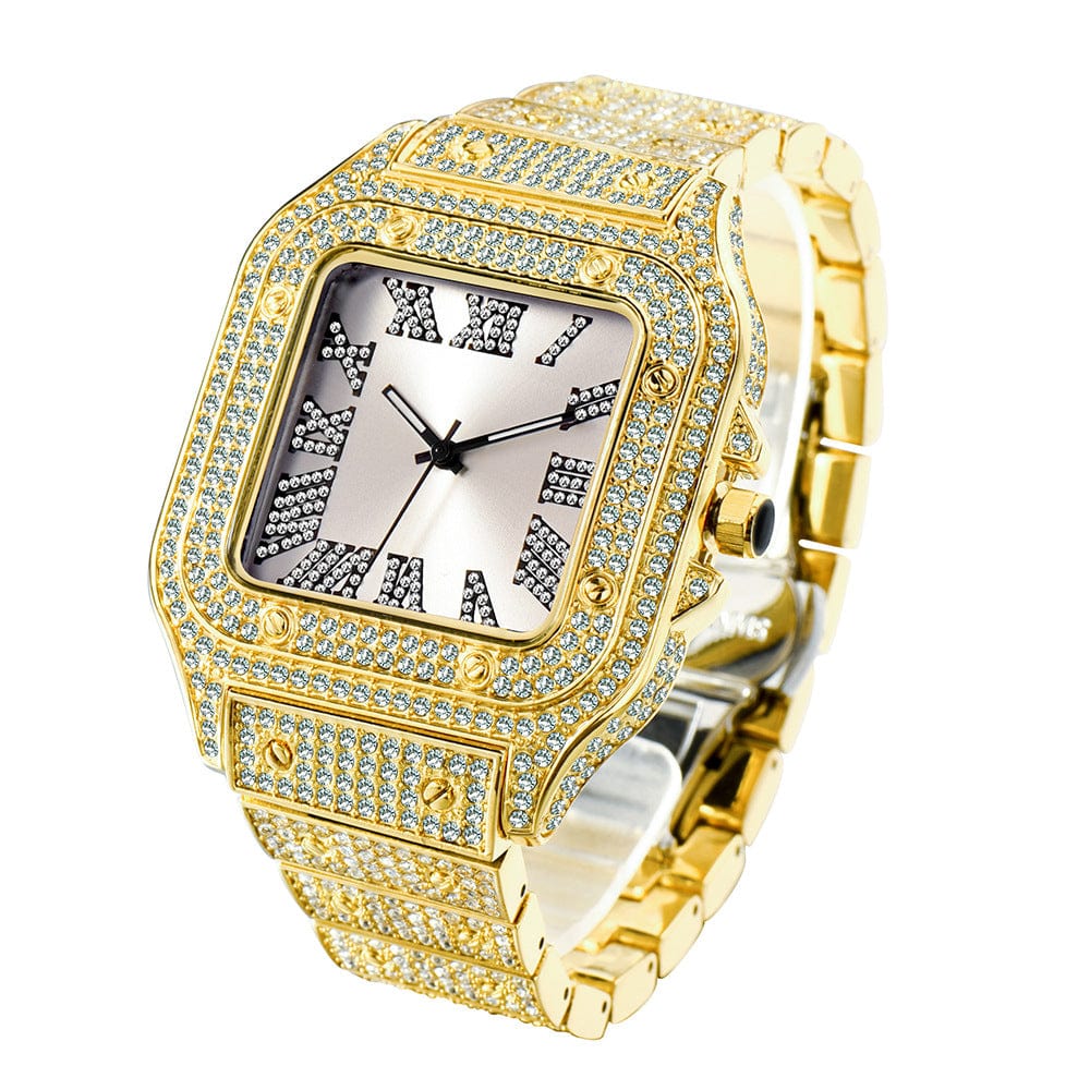 Menaful™ gold+white Men's Roman Scale Fashion Inlaid Diamond Square Quartz Watch (Japanese Movement)