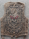 menaful Gray / M Embroidered Skull Vest In Top-Grain Leather