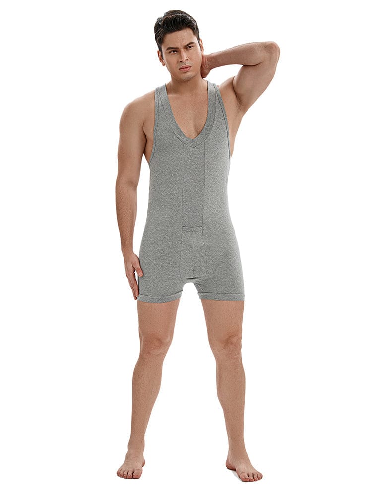 menaful Gray / M Men's Cotton V-neck Tank Bodysuit - Gray