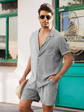 menaful Gray / M Men's Loose Cotton Linen Shirt Shorts Suit