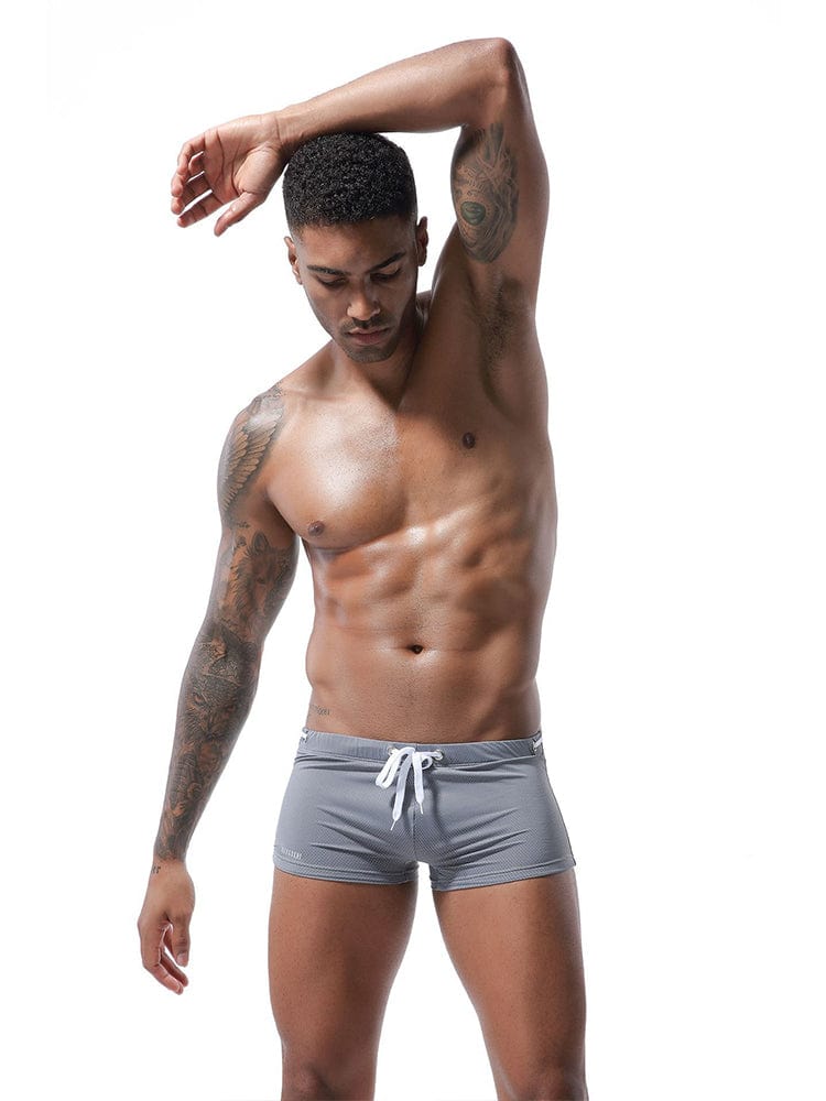 menaful Gray / S Men's Summer Tethered Nylon Low Waist Flat Corner Swim Trunks