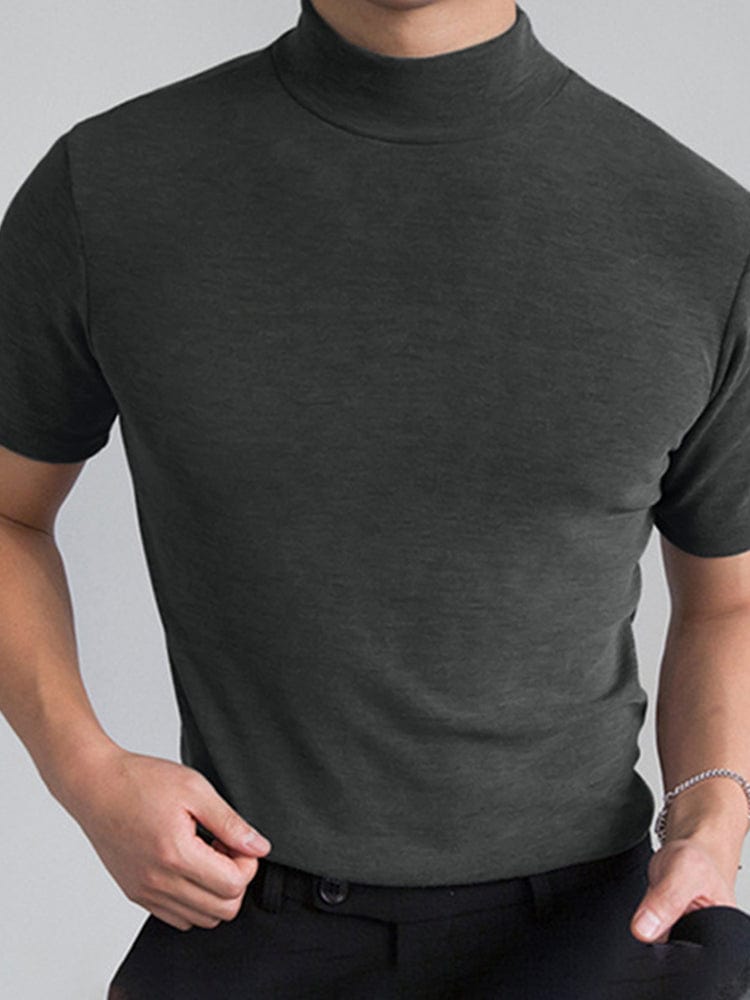 menaful Gray / S Men's Tight Neck Solid Color Short Sleeve Bottoming Shirt