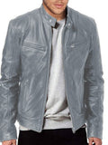 menaful Gray / S Stand Collar Slim Fit Pu Leather Jacket