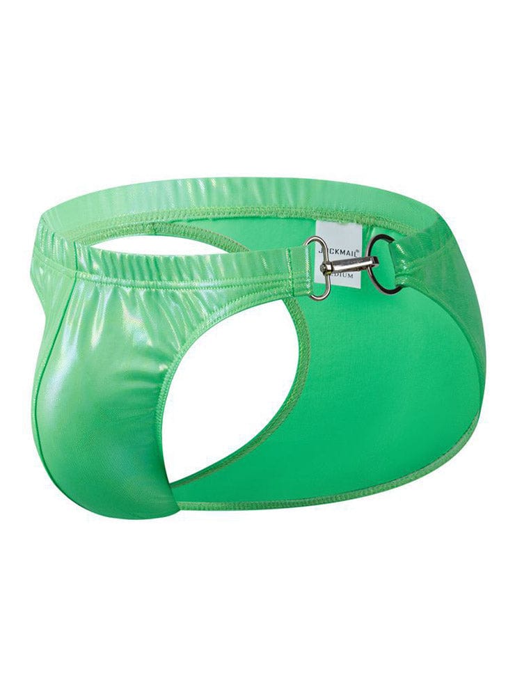 menaful Green / M Sexy Metal Buckle Laser Faux Leather Briefs