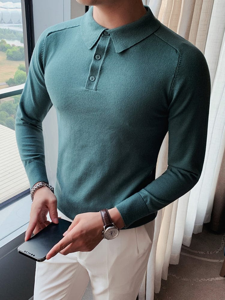 menaful Green / M Slim-fit Lapel Solid Knitted Bottoming Shirt