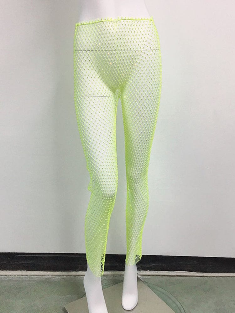 menaful Green / One Size Sexy See-through Tight Rhinestone Fishnet Stocking