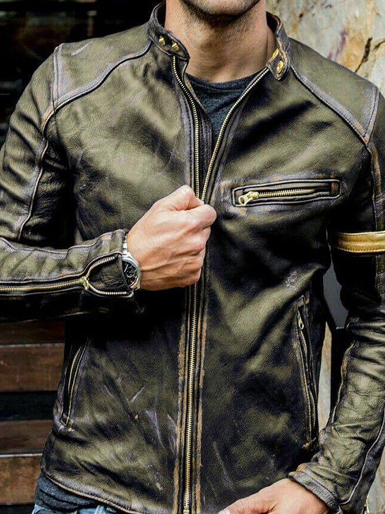 menaful Green / S Brown Handmade Distressed Biker Leather Jacket