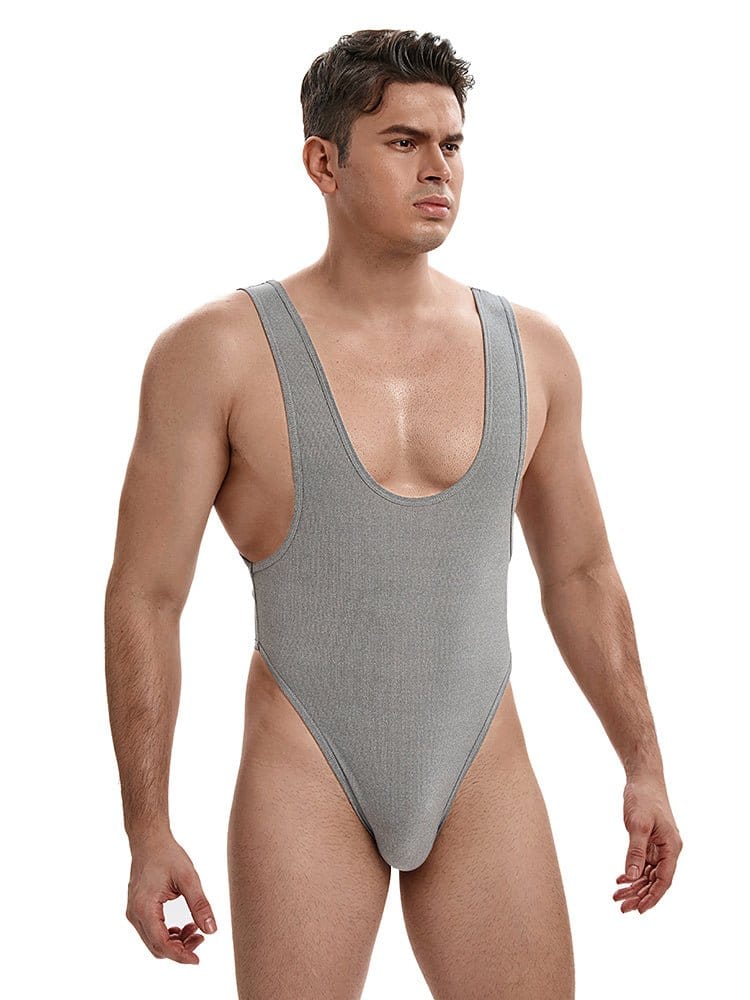 menaful Grey Color Men's High Waist Bodysuit - Grey