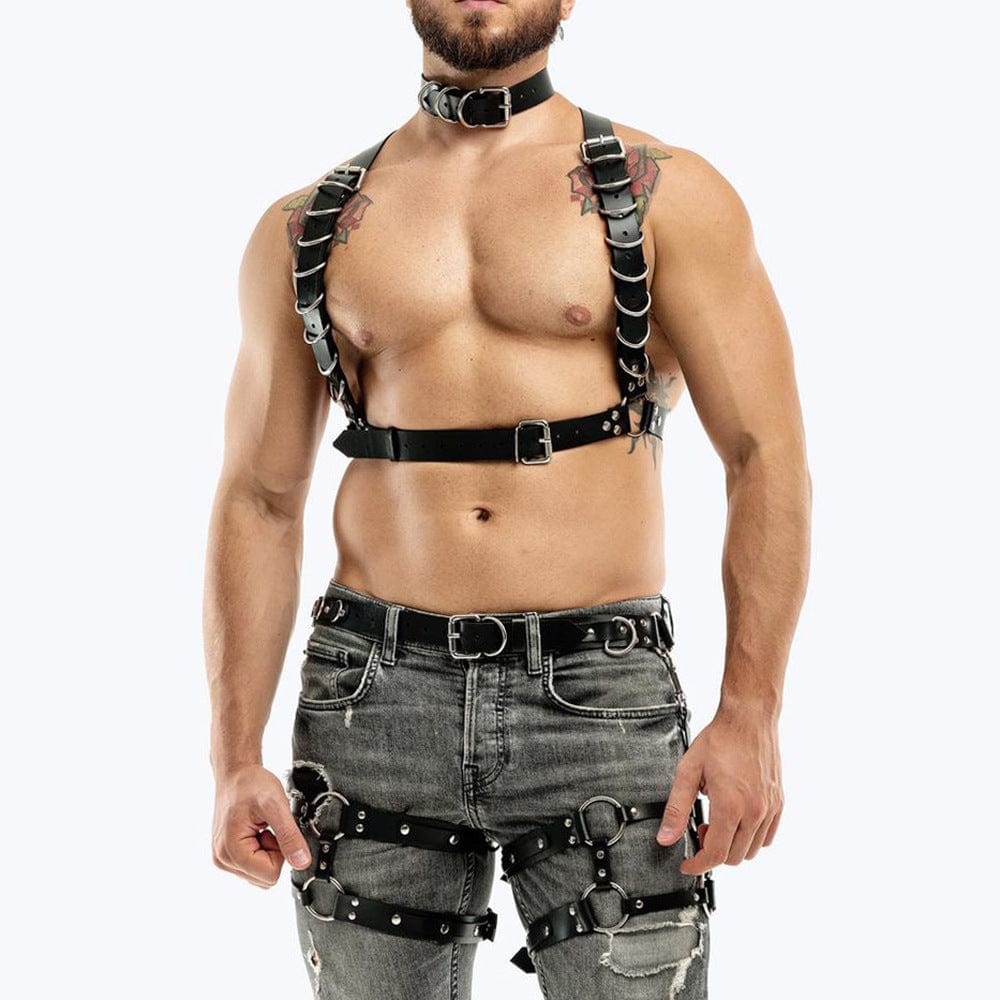 MENAFUL™ harness Harness+Buckle Strap+Choker Men's PU Leather Choker+Buckle strap+Harness Set