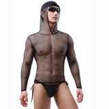 menaful Hooded Long Sleeve Muscle Underwear Sexy Suit - Black