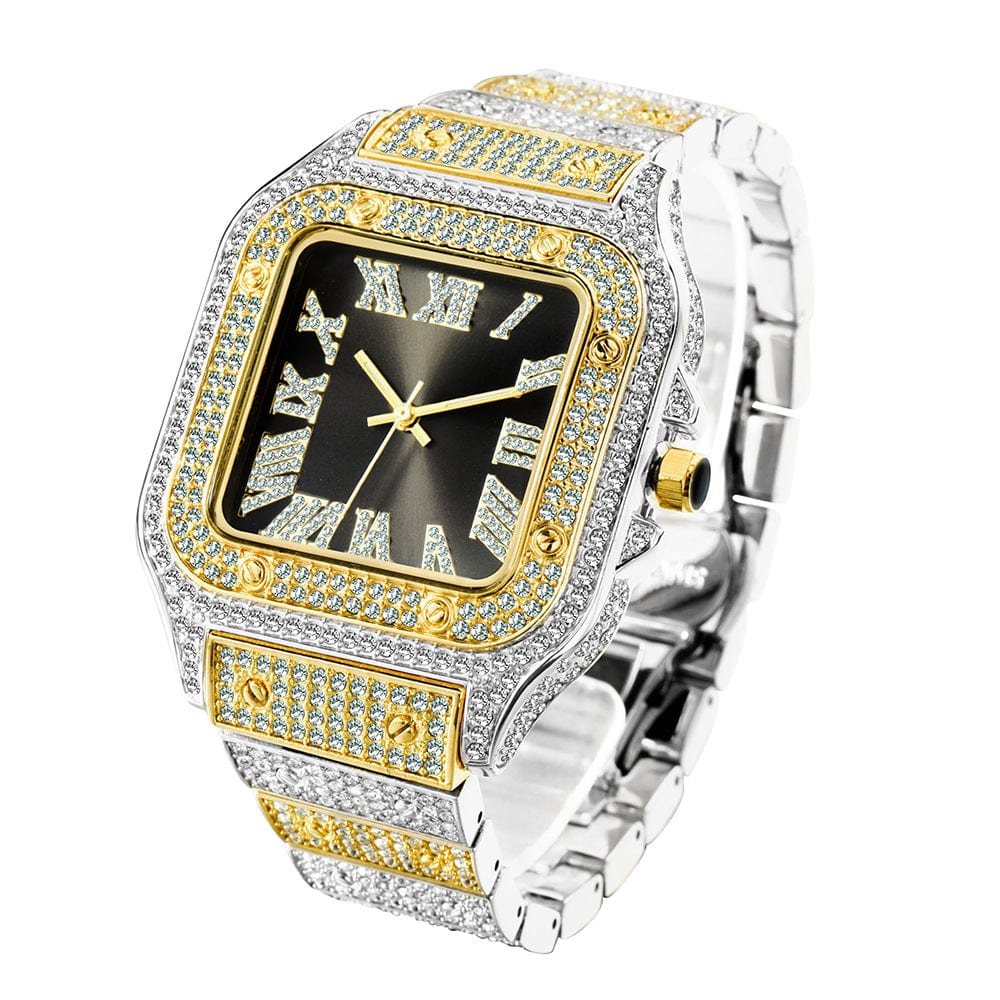 Menaful™ intermittent golden+black Men's Roman Scale Fashion Inlaid Diamond Square Quartz Watch (Japanese Movement)