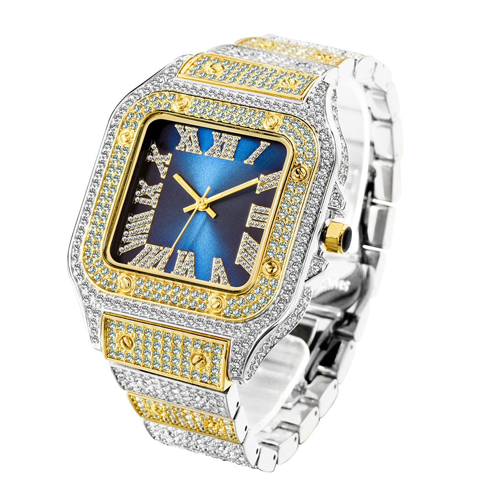 Menaful™ intermittent golden+blue Men's Roman Scale Fashion Inlaid Diamond Square Quartz Watch (Japanese Movement)