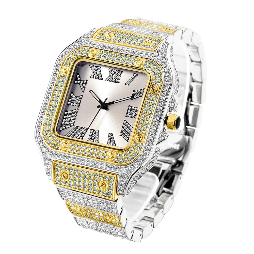 Menaful™ intermittent golden+white Men's Roman Scale Fashion Inlaid Diamond Square Quartz Watch (Japanese Movement)