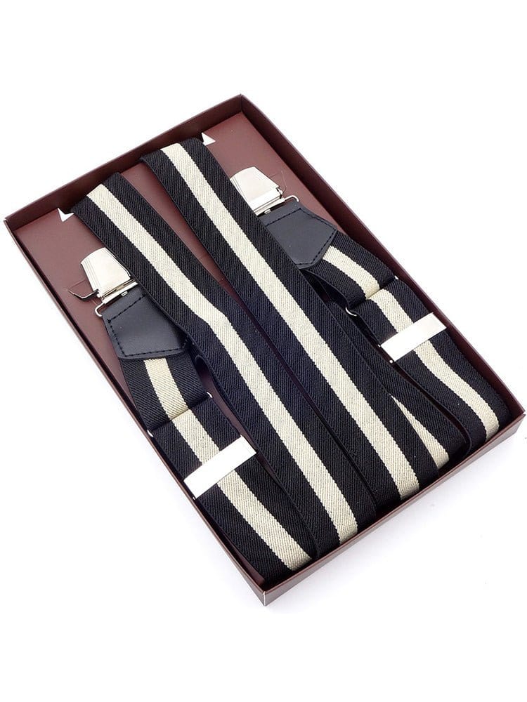 menaful Khaki & Black Stripe / Polyester British style men's cheek suspenders with side clips