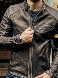 menaful Khaki / S Brown Handmade Distressed Biker Leather Jacket