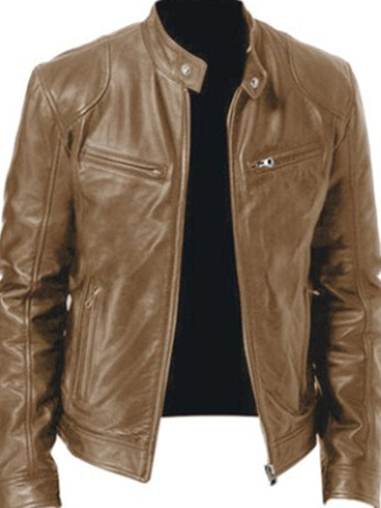 menaful Khaki / S Stand Collar Slim Fit Pu Leather Jacket