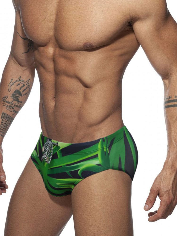 menaful Leafy Print Skinny Swim Briefs