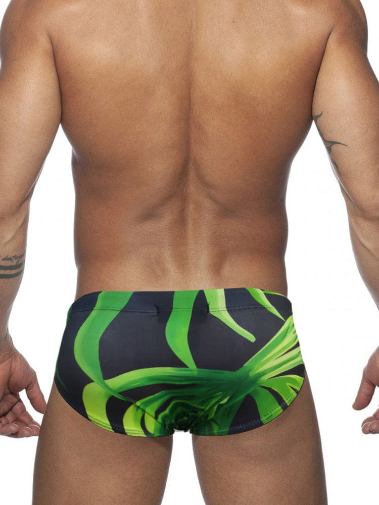 menaful Leafy Print Skinny Swim Briefs