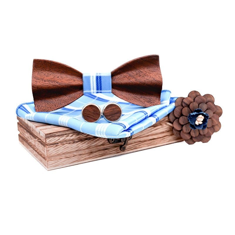 menaful Light Blue Business Wood Bow Tie Cufflinks Square Scarf Corsage Set