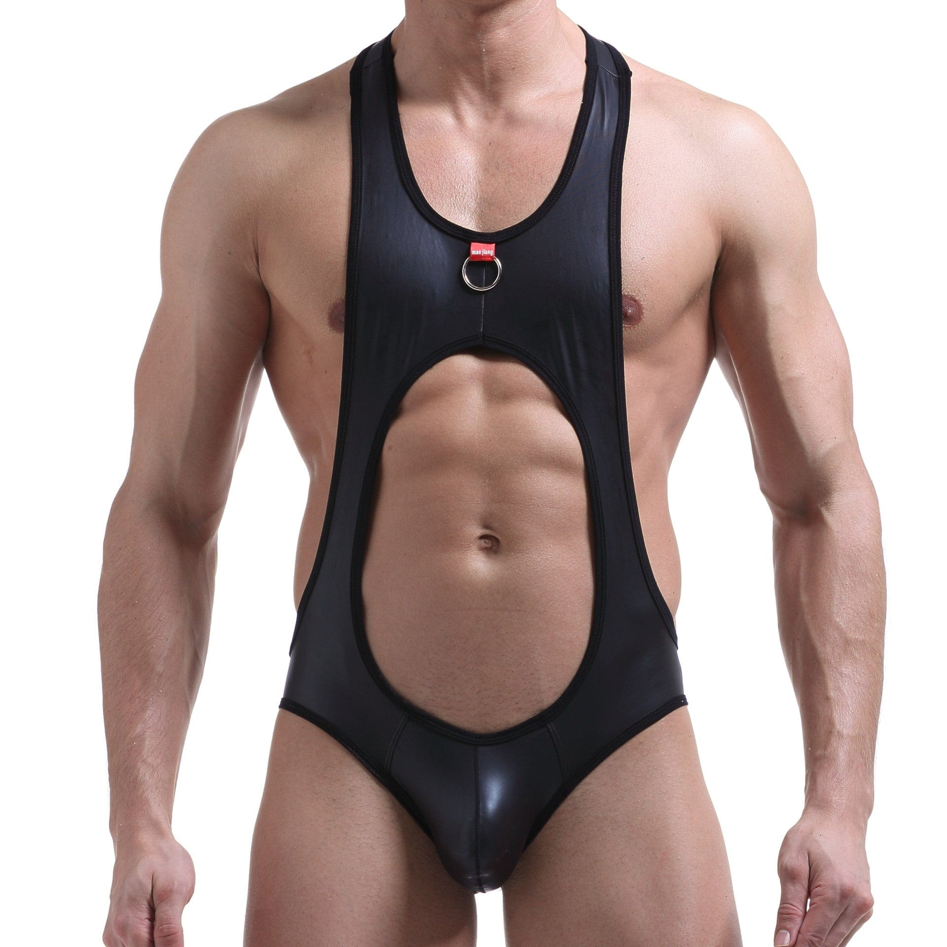 Menaful™ Men's Black Leather Ring Harness Backless Bodysuit