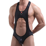 Menaful™ Men's Black Leather Ring Harness Backless Bodysuit