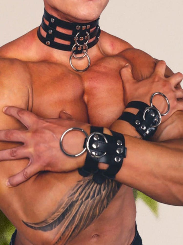 MENAFUL™ Men's Corset PU Leather Collar+Bracelet+Harness Set