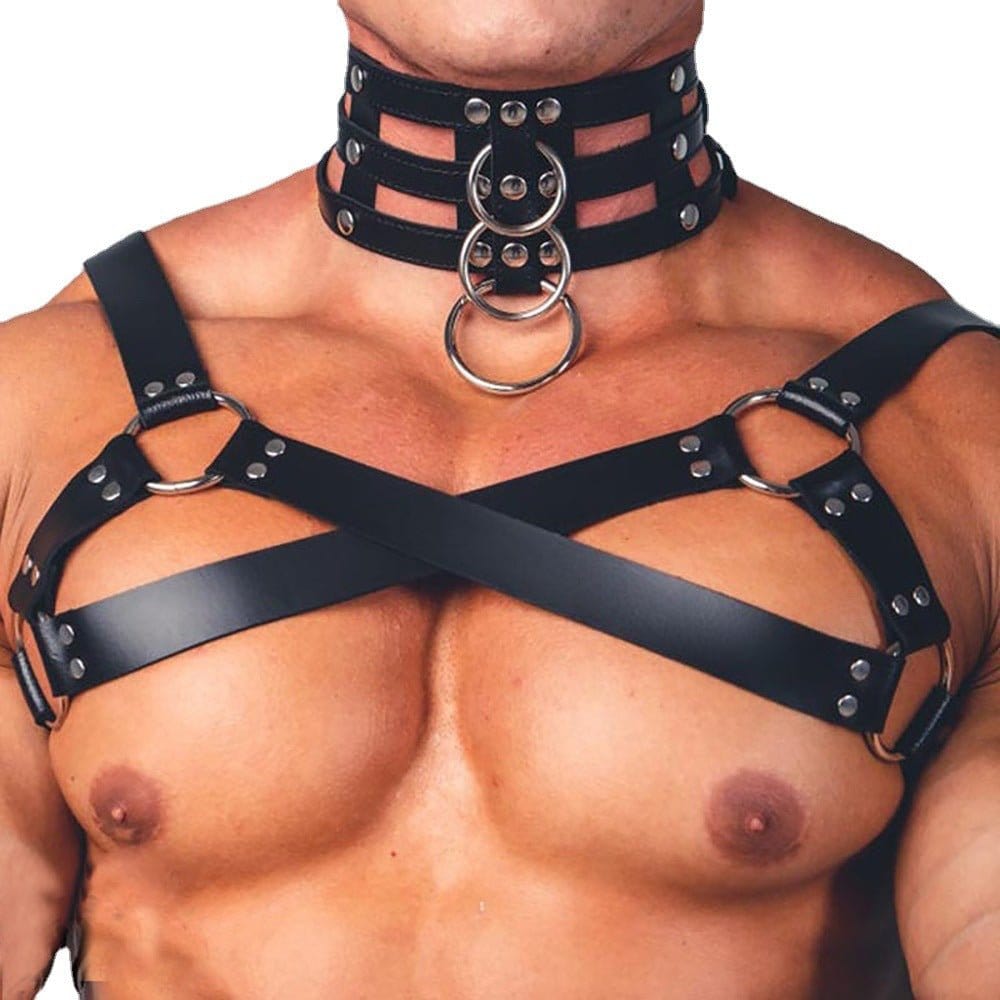 MENAFUL™ Men's Corset PU Leather Collar+Bracelet+Harness Set