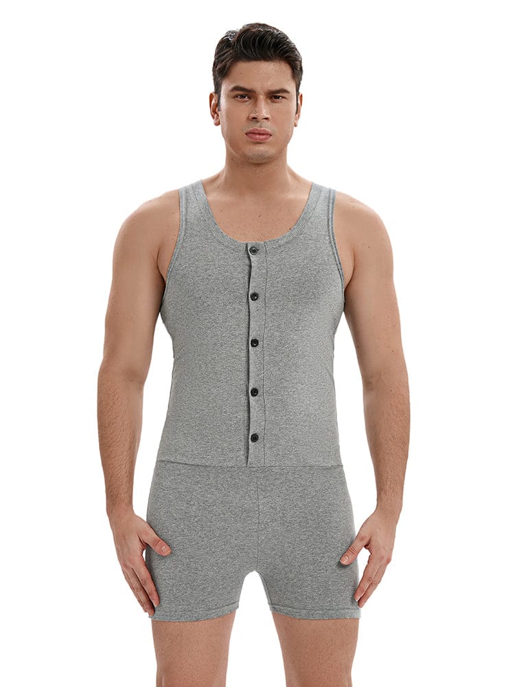 menaful Men's Cotton Button-up Tank Bodysuit-Grey