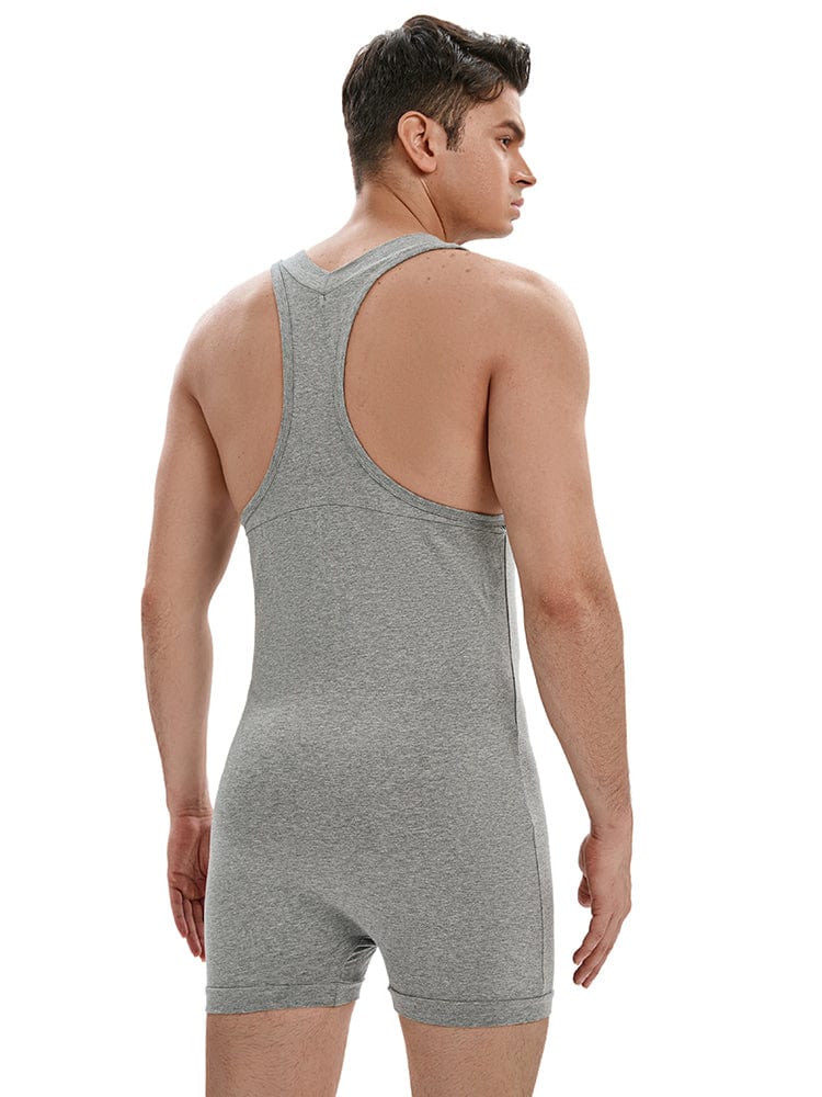 menaful Men's Cotton V-neck Tank Bodysuit - Gray