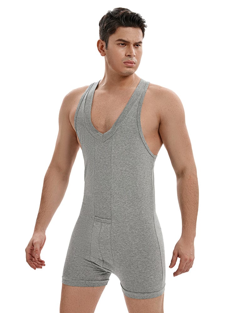 menaful Men's Cotton V-neck Tank Bodysuit - Gray