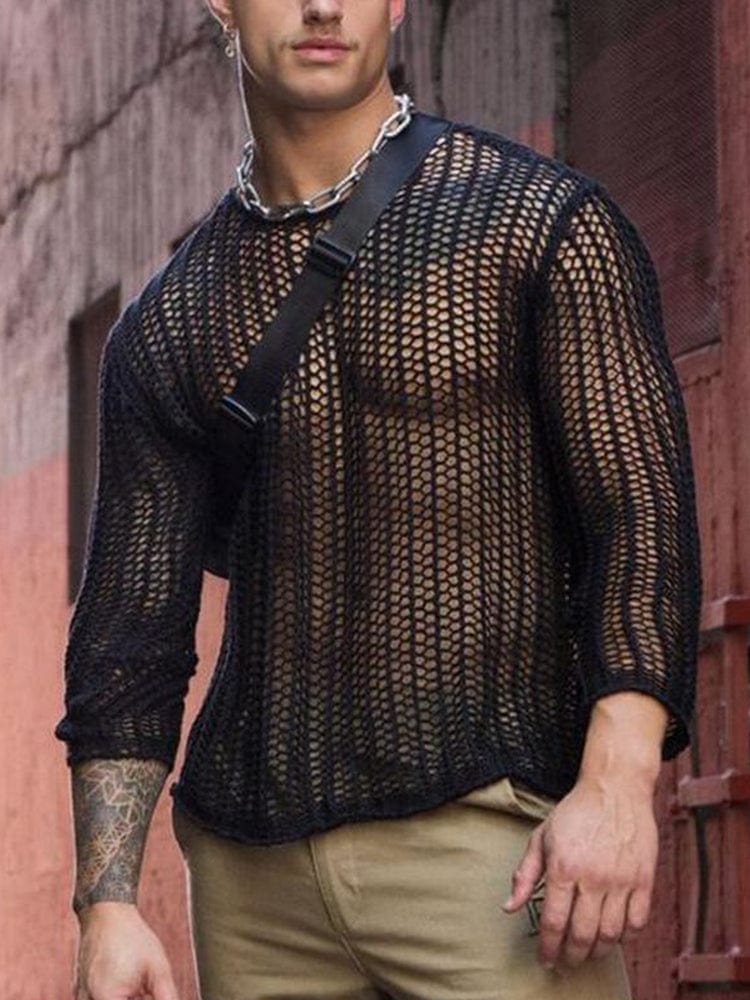 menaful Men's Hollow Black Loose Long Sleeve Top